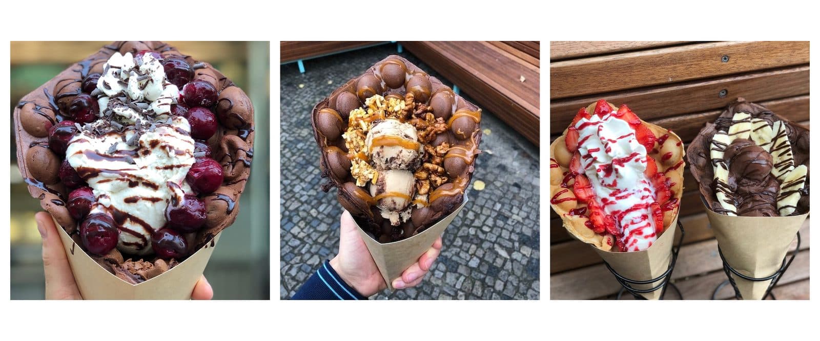 Drei Bubble Waffles von Katchi: Black Forest, Nuts sowie Erdbeere und Banane